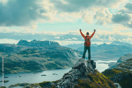 A man is standing on a mountain top, holding his arms up in the air and smiling. Concept of accomplishment and triumph, as the man has reached the summit of the mountain. The vast expanse of the sky.