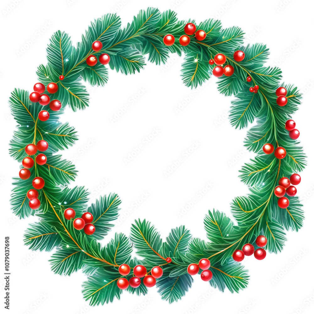 A Christmas wreath with green pine branches and red berries on transparent background A Christmas wreath with green pine branches and red berries on transparent background