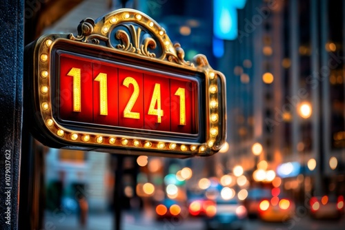 Old cinema marquee with numbers representing showtimes, in a vintage setting photo