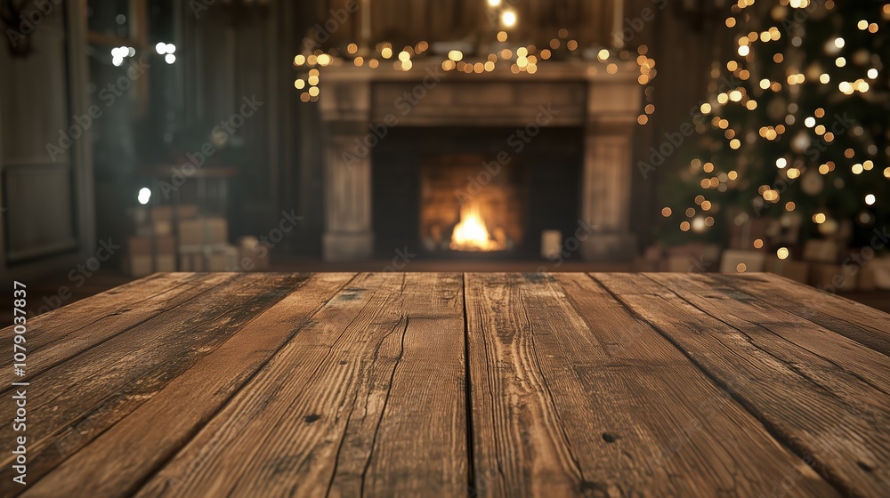 Wooden plank Table with Cozy Christmas Fireplace Background Wooden plank Table with Cozy Christmas Fireplace Background
