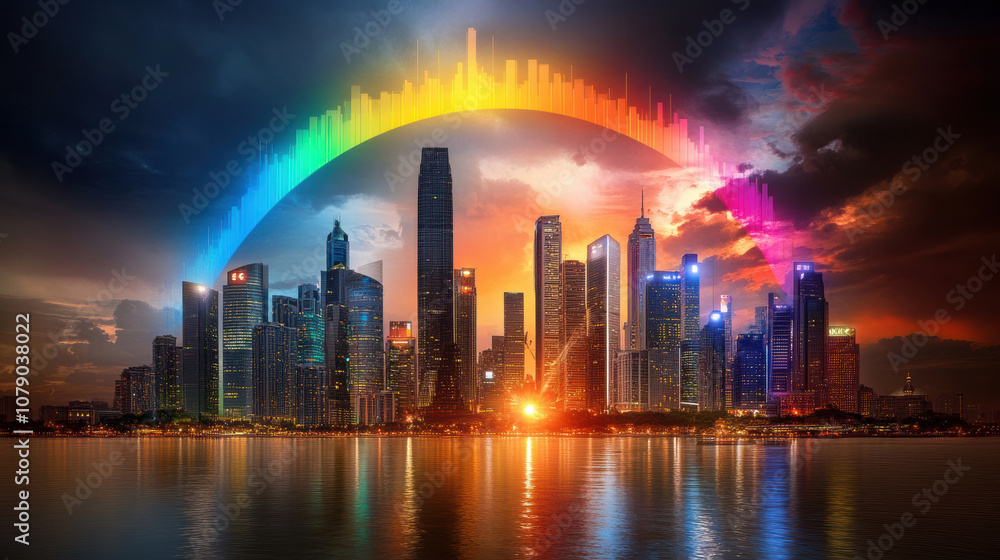 Fototapeta premium vibrant city skyline at night, illuminated by colorful lights and rainbow arc, reflecting on water. scene captures energy and beauty of urban life