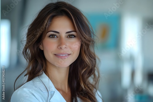 Studio Portrait of Woman with Long Hair, Casual Wear and Natural Makeup