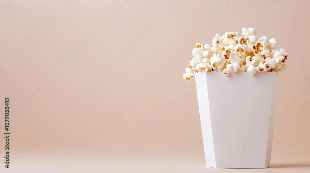 Blank paper popcorn container centered on a smooth, clean beige background, soft lighting for an elegant presentation Blank paper popcorn container centered on a smooth, clean beige background, soft lighting for an elegant presentation