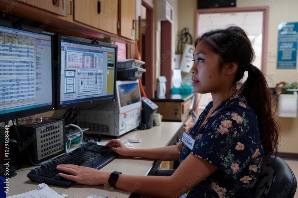 Registered nurse reviews patient charts on a computer monitor Registered nurse reviews patient charts on a computer monitor