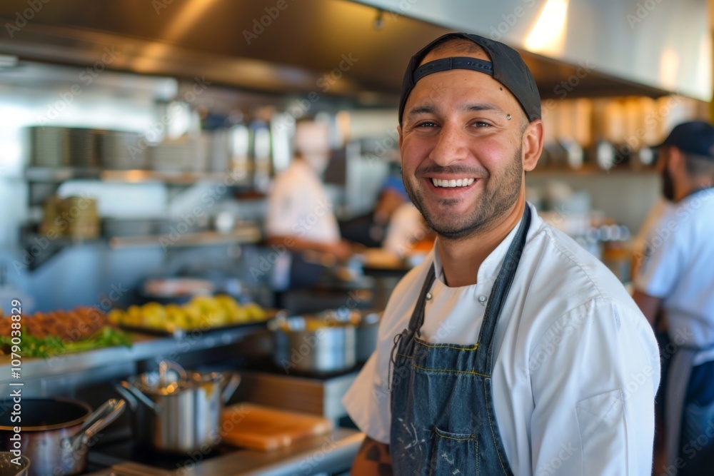 Fototapeta premium Portrait of a smiling American chef in restaurant kitchen