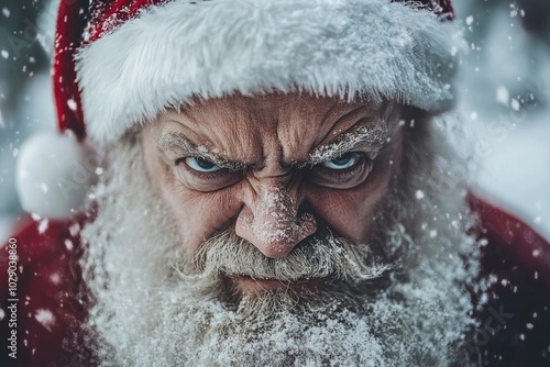 Angry santa claus with snow covered beard glaring in snowfall photo