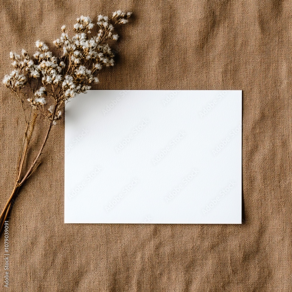 A blank white card rests on a textured brown surface, accompanied by delicate dried flowers, creating a serene and minimalist aesthetic. A blank white card rests on a textured brown surface, accompanied by delicate dried flowers, creating a serene and minimalist aesthetic.