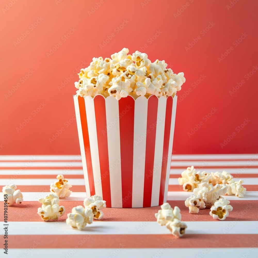 Blank popcorn container on a classic red and white striped surface, vintage cinema theme, ready for custom logo Blank popcorn container on a classic red and white striped surface, vintage cinema theme, ready for custom logo