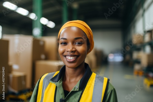 Portrait of a smiling young woman working in a factory