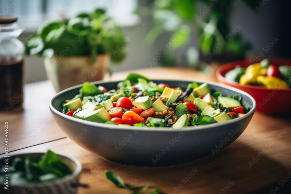 Vegan salad on plate in kitchen at morning Vegan salad on plate in kitchen at morning