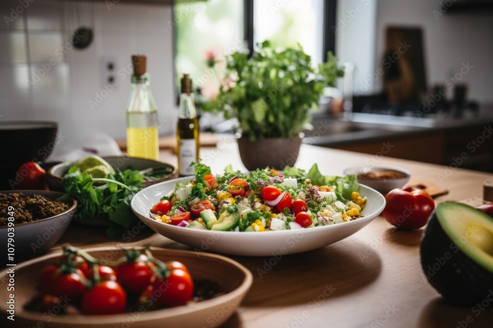Vegan salad on plate in kitchen at morning Vegan salad on plate in kitchen at morning