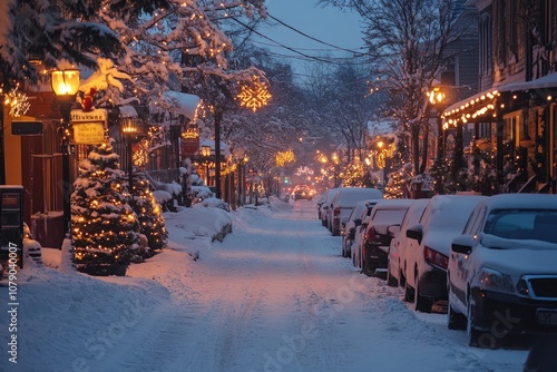 Christmas lights illuminating snowy street at dusk