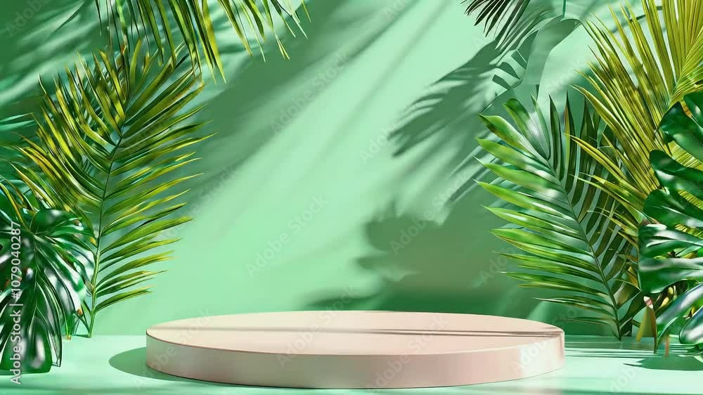 Empty product display podium on green background with palm leaves and shadows.