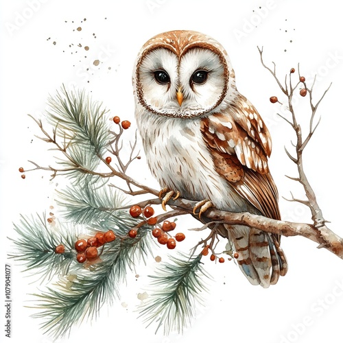 A beautifully illustrated owl perched on a pine branch, surrounded by berries and pine needles, showcasing nature's elegance and tranquility. photo