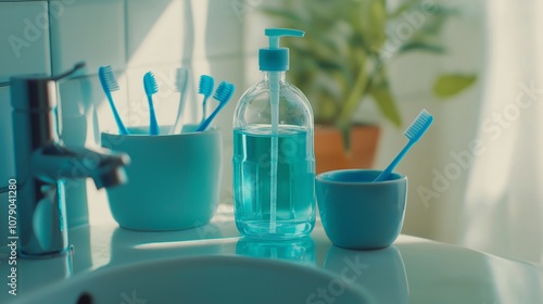 Fresh mouthwash in bottle and cup with blue toothbrush on washbasin in bathroom