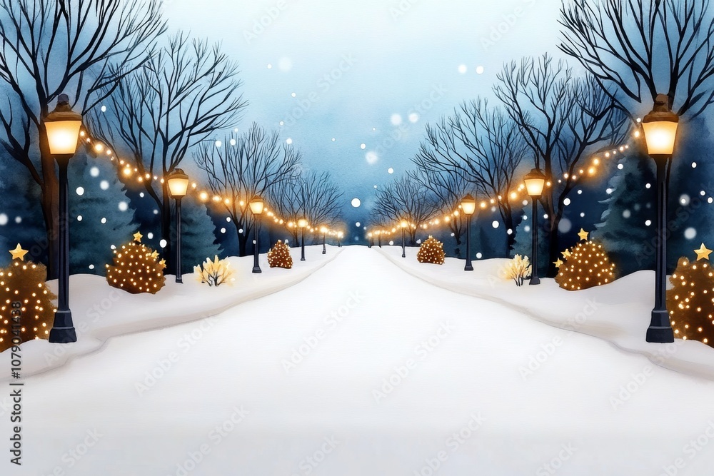 Fototapeta premium Watercolor painting of a snowy street lined with Christmas lights, capturing warmth and festive atmosphere