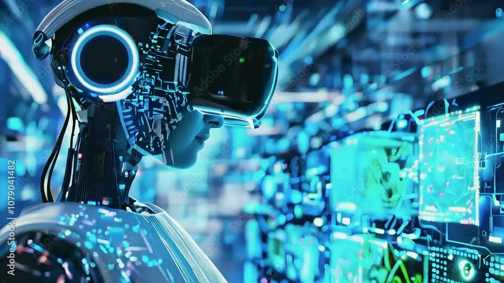 Futuristic robot with VR headset looking at digital interface. Futuristic robot with VR headset looking at digital interface.