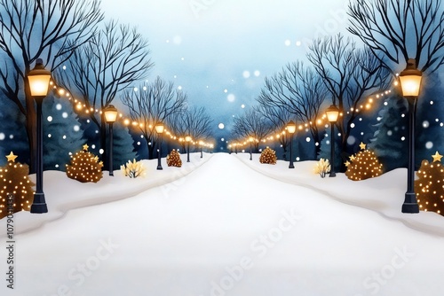 Wallpaper Mural Watercolor painting of a snowy street lined with Christmas lights, capturing warmth and festive atmosphere Torontodigital.ca