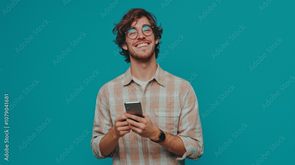 young smiling happy caucasian man holding mobile phone in hand isolated on blue background young smiling happy caucasian man holding mobile phone in hand isolated on blue background