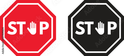 Red and black stop sign with hand . Stop hand sign . Stop traffic sign . Vector illustration