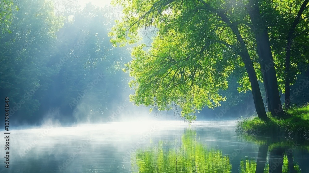 Serene River Scene with Lush Green Trees and Misty Morning Light Reflecting on Calm Water Surface in a Beautiful Natural Setting Serene River Scene with Lush Green Trees and Misty Morning Light Reflecting on Calm Water Surface in a Beautiful Natural Setting