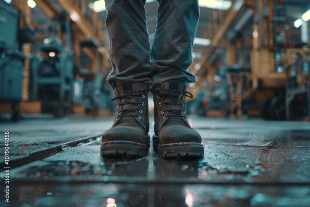Close up of safety workers shoes in factory Close up of safety workers shoes in factory