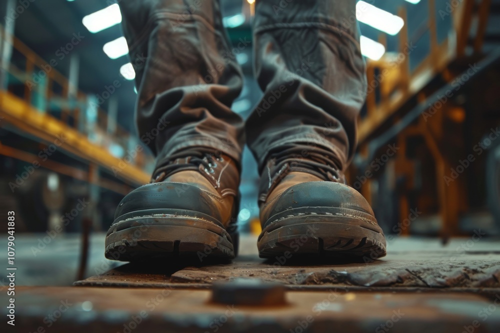 Close up of safety workers shoes in factory Close up of safety workers shoes in factory