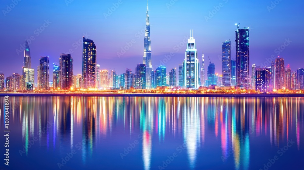 Stunning Night View of a Modern City Skyline with Illuminated Skyscrapers and Reflections on Water in a Vibrant Urban Landscape Stunning Night View of a Modern City Skyline with Illuminated Skyscrapers and Reflections on Water in a Vibrant Urban Landscape