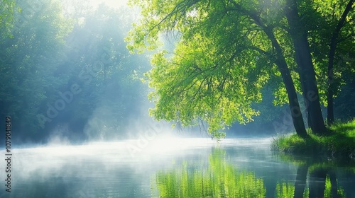 Serene River Scene with Lush Green Trees and Misty Morning Light Reflecting on Calm Water Surface in a Beautiful Natural Setting
