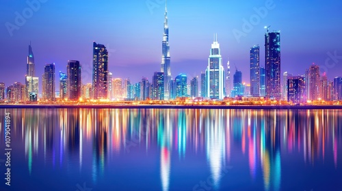 Wallpaper Mural Stunning Night View of a Modern City Skyline with Illuminated Skyscrapers and Reflections on Water in a Vibrant Urban Landscape Torontodigital.ca