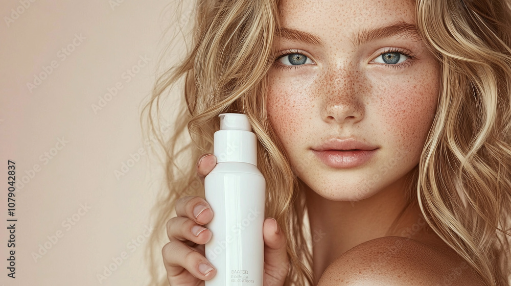 A Young Woman With Curly Hair and Freckles Poses Gracefully While Holding a Skincare Product Against a Soft Pastel Background, Showcasing a Natural Beauty Routine A Young Woman With Curly Hair and Freckles Poses Gracefully While Holding a Skincare Product Against a Soft Pastel Background, Showcasing a Natural Beauty Routine