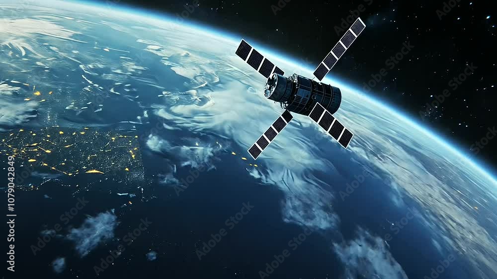 A satellite hovers in space with Earth’s vibrant surface below, its antennas pointed towards different regions, symbolizing the reach of global communication and data exchange. A satellite hovers in space with Earth’s vibrant surface below, its antennas pointed towards different regions, symbolizing the reach of global communication and data exchange.
