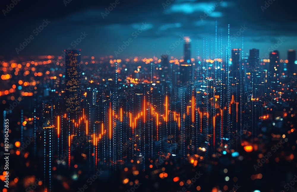 A cityscape with tall buildings and bright lights A cityscape with tall buildings and bright lights