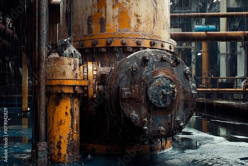 Rusty industrial machinery in a flooded factory with rain pouring down. Generative AI