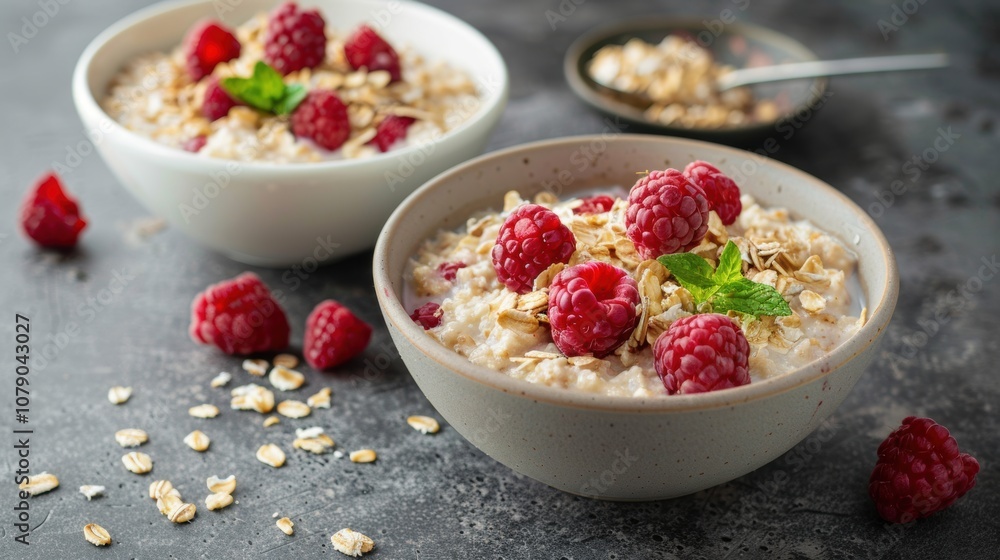 Breakfast cereal with milk yogurt and raspberry Breakfast cereal with milk yogurt and raspberry