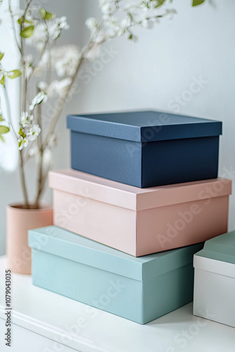 Set of decorative storage boxes on a white surface photo