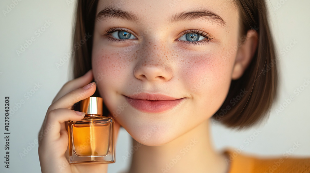 Young Girl Showcasing an Elegant Perfume Bottle Against a Light Background During a Bright Afternoon Young Girl Showcasing an Elegant Perfume Bottle Against a Light Background During a Bright Afternoon