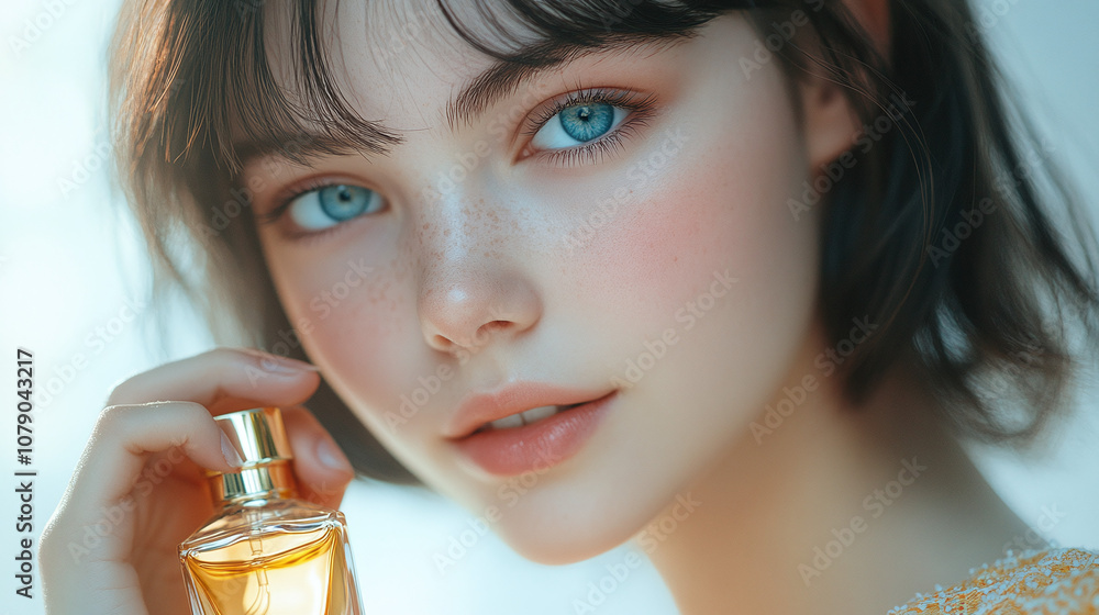 A Young Woman With Striking Blue Eyes Holds a Perfume Bottle Close to Her Face, Showcasing Her Natural Beauty in a Soft, Dreamy Light A Young Woman With Striking Blue Eyes Holds a Perfume Bottle Close to Her Face, Showcasing Her Natural Beauty in a Soft, Dreamy Light