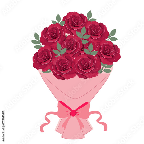 Bouquet roses. Elegant bouquet of red roses wrapped in pink paper with a decorative ribbon bow. Design for banners, cards, flyers, celebration, wedding, invitation, social media wallpapers.