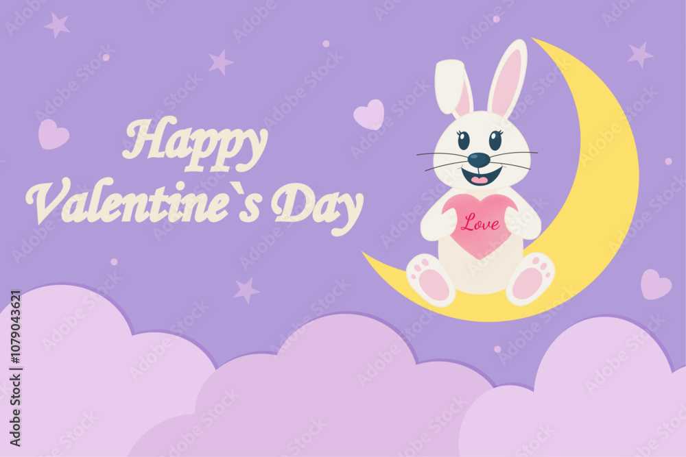 Cute Valentines Day card with a bunny holding a heart sitting on a crescent moon in a pastel sky. Design for celebration and season decoration, branding, banner, cover, label, card Cute Valentines Day card with a bunny holding a heart sitting on a crescent moon in a pastel sky. Design for celebration and season decoration, branding, banner, cover, label, card