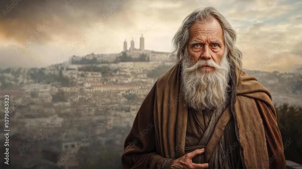 Portrait of elderly man with a long white beard, wearing a brown robe, standing on a cliff overlooking a city in the background, depicting prophet from religious books. Copy space, aspect ratio 16:9. Portrait of elderly man with a long white beard, wearing a brown robe, standing on a cliff overlooking a city in the background, depicting prophet from religious books. Copy space, aspect ratio 16:9.