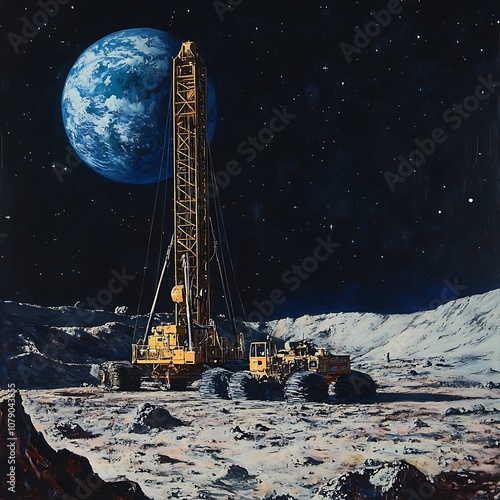 Cable percussive drilling rig working on the moon with earth rising in the background