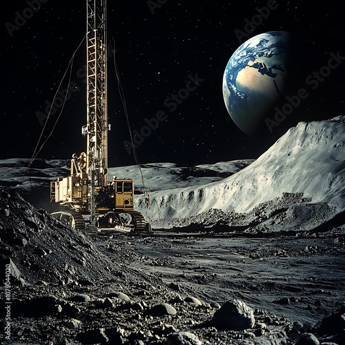 Cable percussive drilling rig working on the moon with earth rising in the background