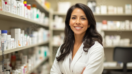 female pharmacist with pharmacy shelves.