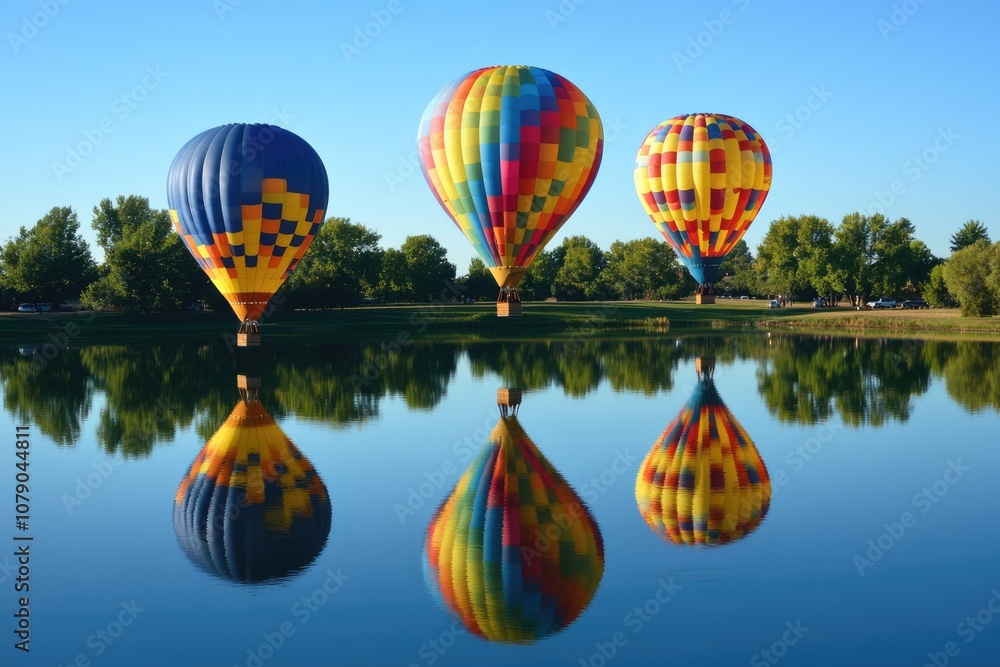 Fototapeta premium Hot Air Balloon Flight Over Blue Sky with Water Reflection in Recreational Leisure Activity