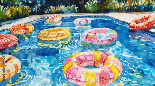 Vibrant watercolors depicting colorful pool floats in a serene swimming pool setting.