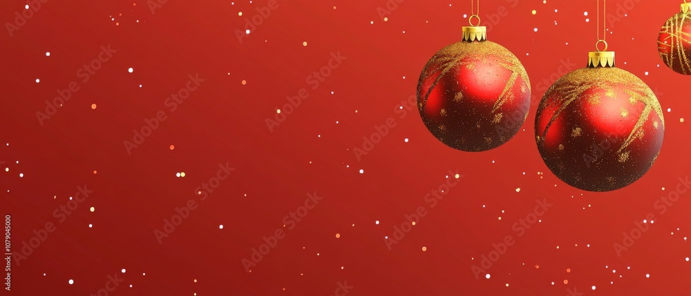 A red background with two red Christmas ornaments hanging from it A red background with two red Christmas ornaments hanging from it