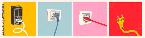 Different types of electric Plugs. Outlets, cord, wire, Sockets. Cartoon modern style. Hand drawn trendy Vector illustration. Isolated design elements. Cable network concept