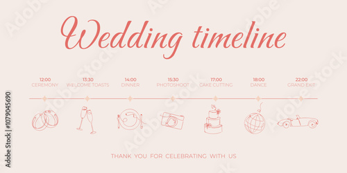Timeline for wedding with line art icons. Event organization and planning of wedding day. Ceremony, cutting cake, dinner, party time, coctails, dance, photos, car