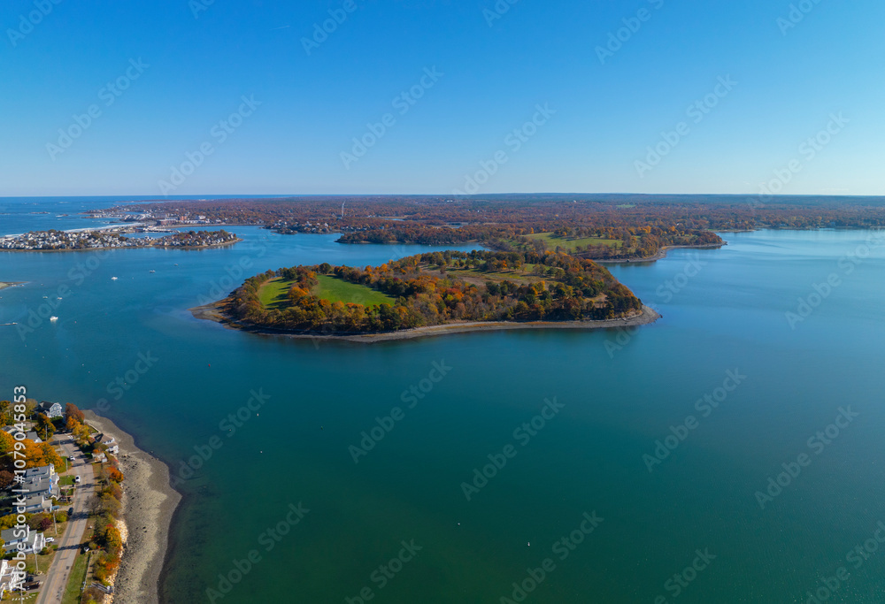 Obraz premium World's End peninsula aerial view in fall with fall foliage in Hingham Bay, town of Hingham, Massachusetts MA, USA. 